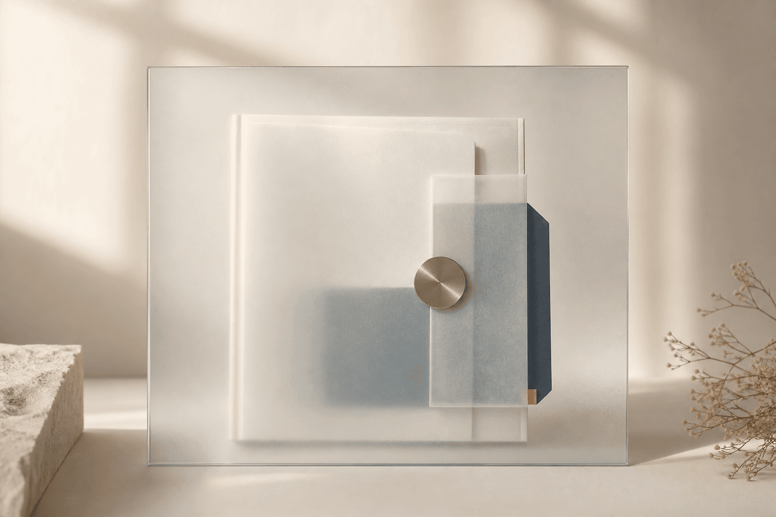 Sealed document layers behind frosted glass